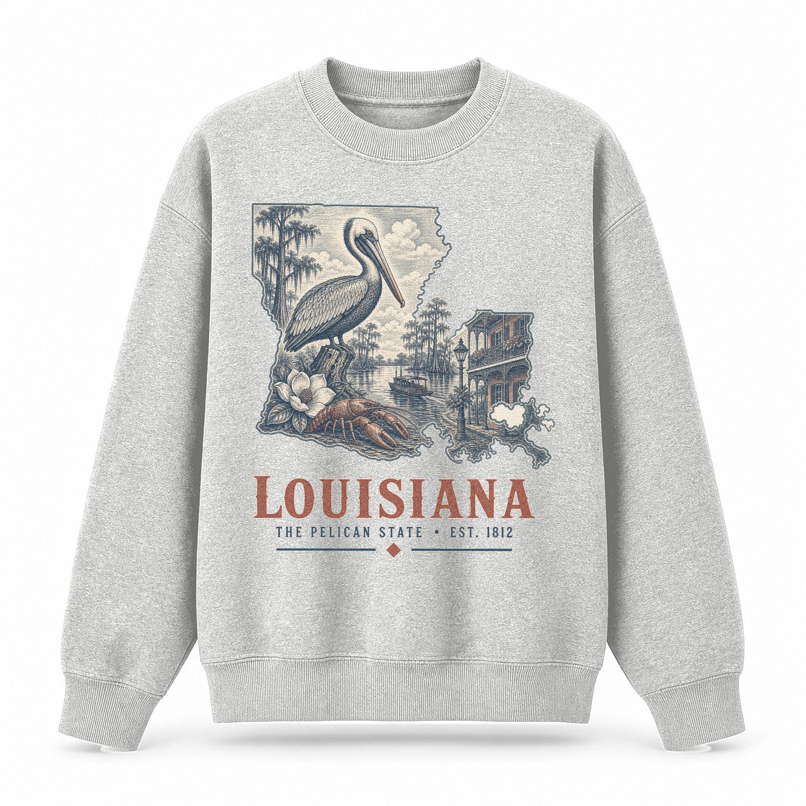 Vintage Louisiana State Graphic Crewneck Sweatshirt in Light Gray, front view on a white background