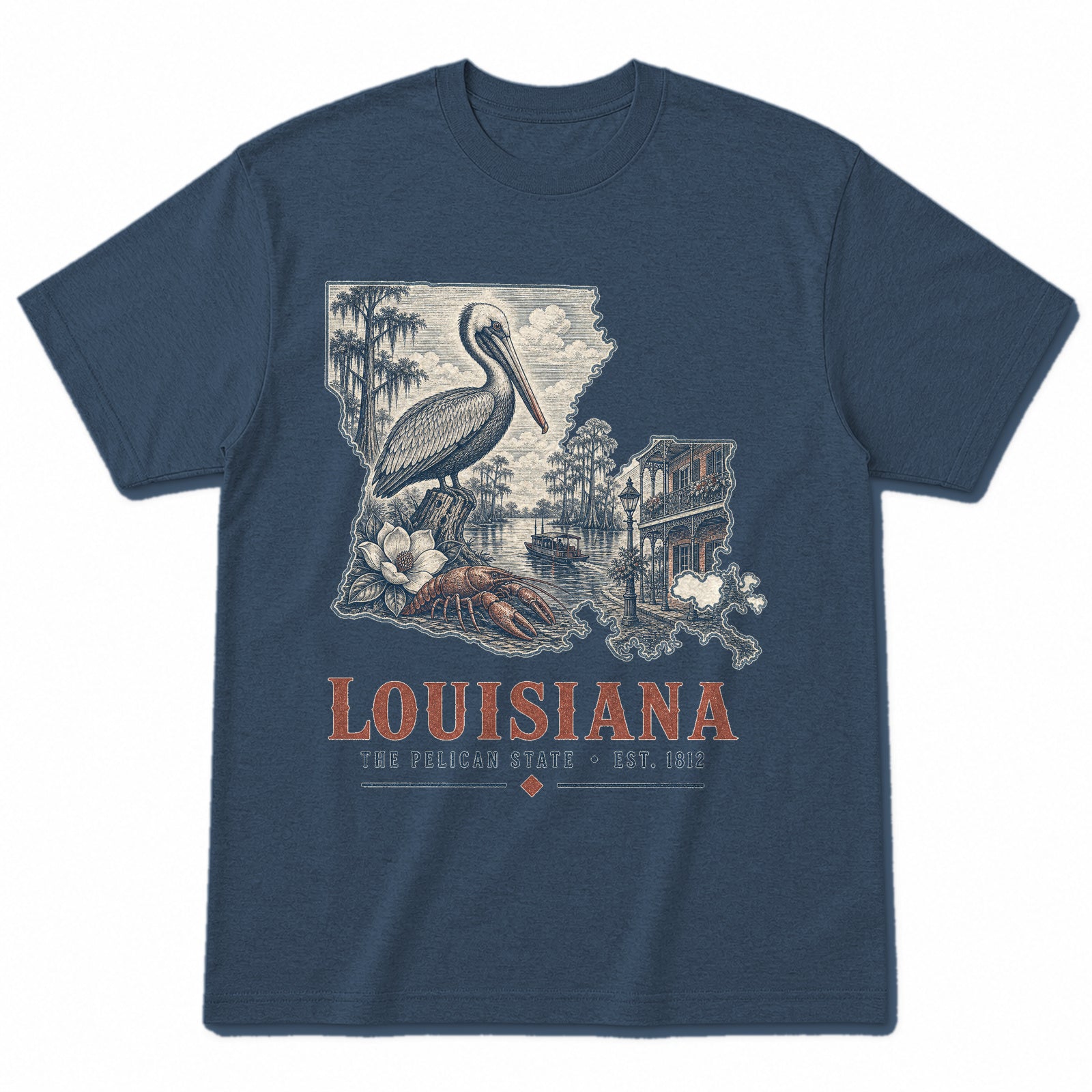 Vintage Louisiana State Graphic T-Shirt in Washed Navy, front view on a white background