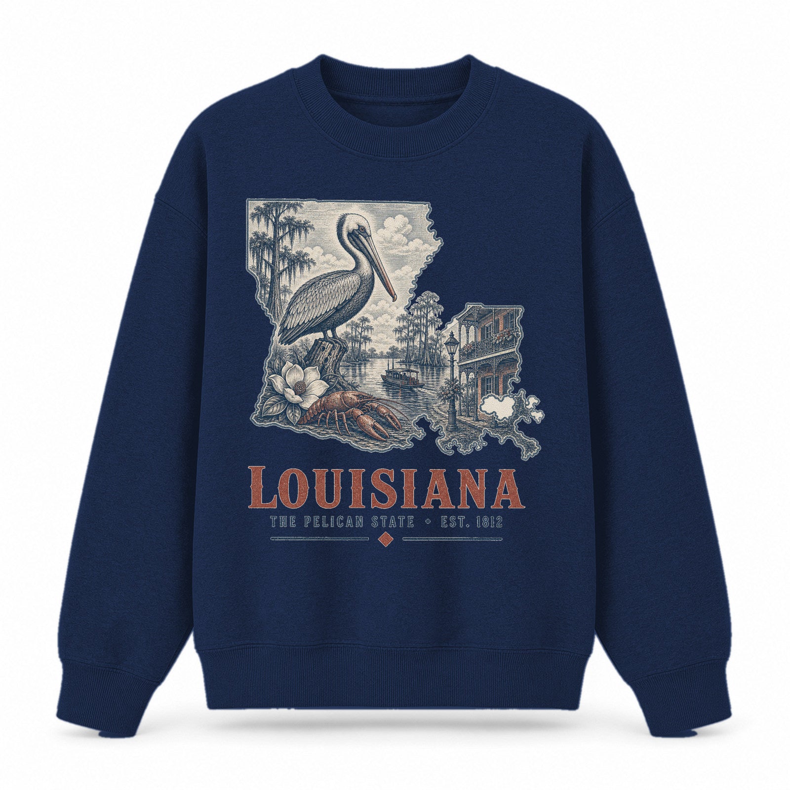 Vintage Louisiana State Graphic Crewneck Sweatshirt in Navy, front view on a white background