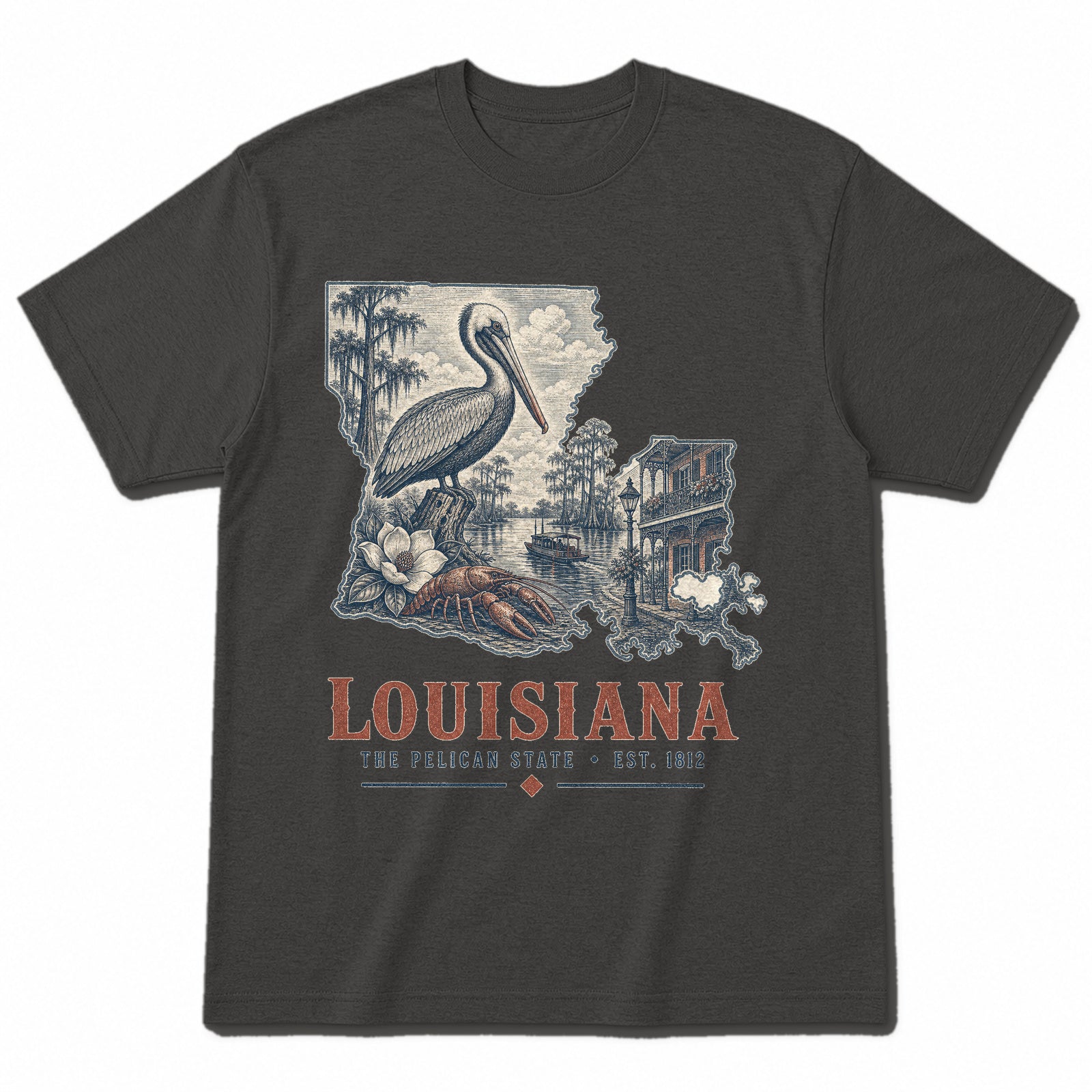 Vintage Louisiana State Graphic T-Shirt in Vintage Charcoal, front view on a white background
