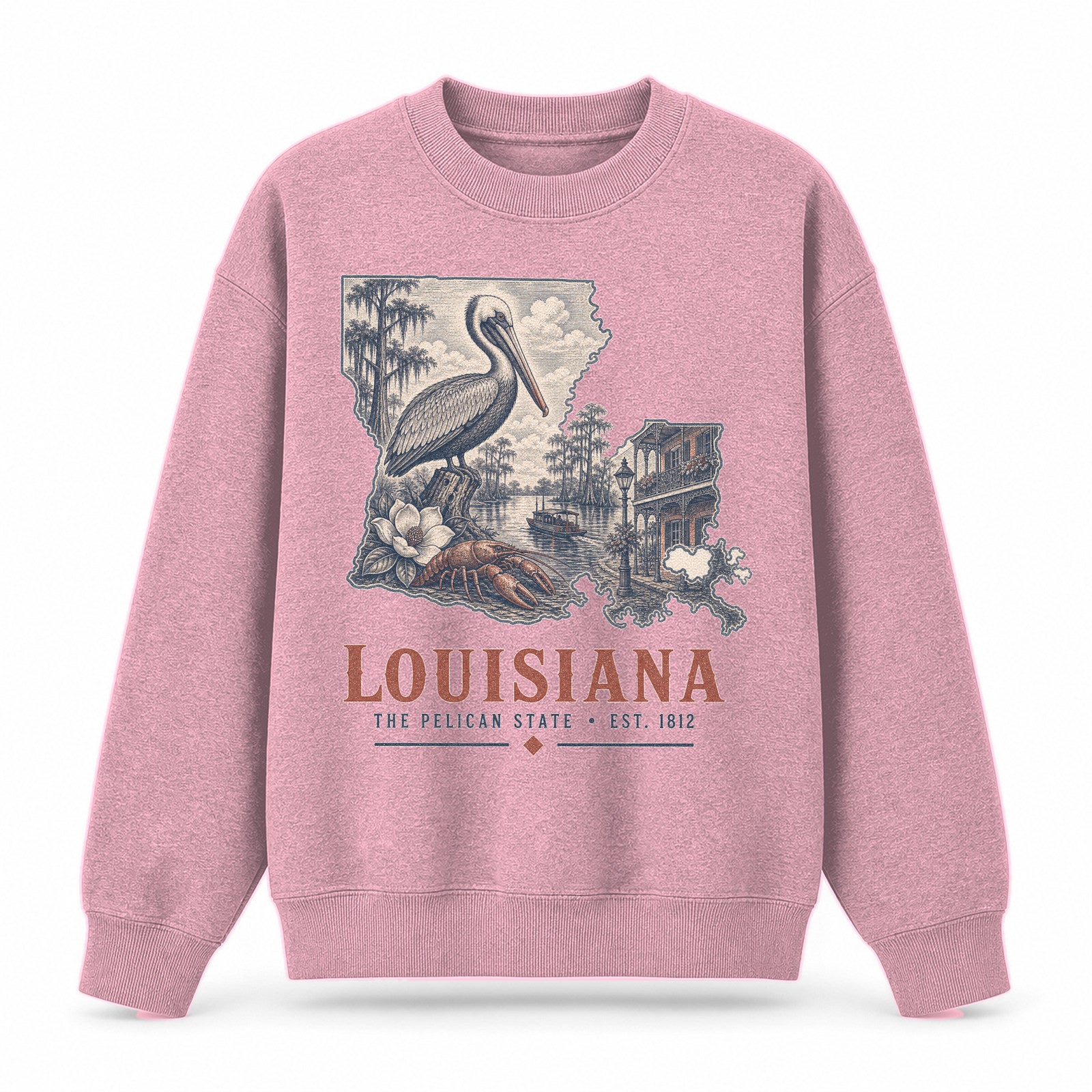 Vintage Louisiana State Graphic Crewneck Sweatshirt in Pink, front view on a white background