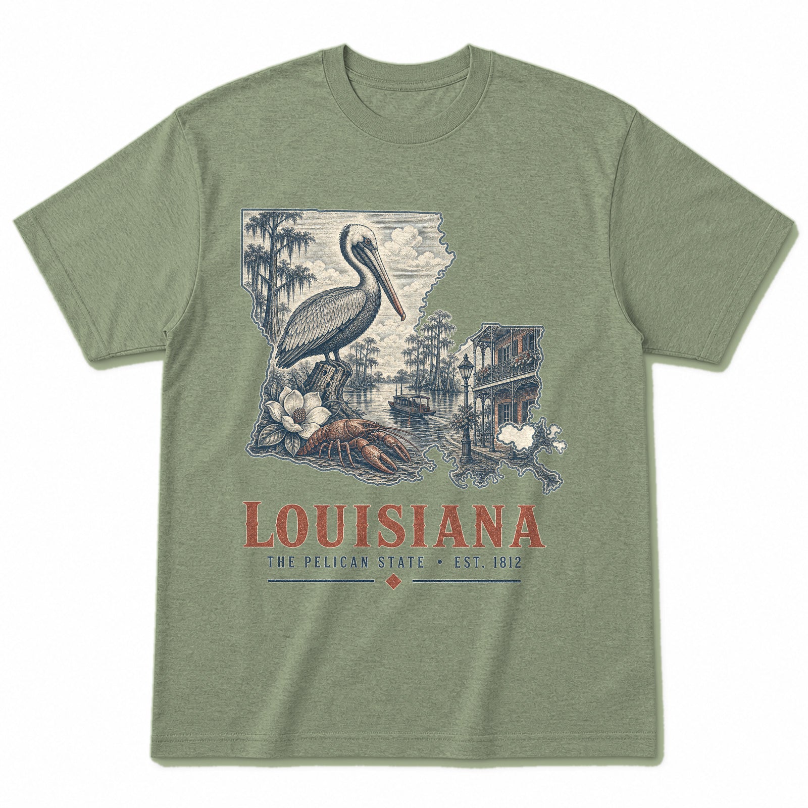Vintage Louisiana State Graphic T-Shirt in Light Sage Green, front view on a white background