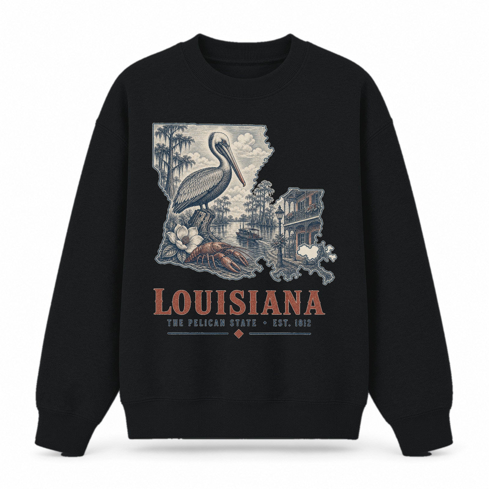 Vintage Louisiana State Graphic Crewneck Sweatshirt in Black, front view on a white background