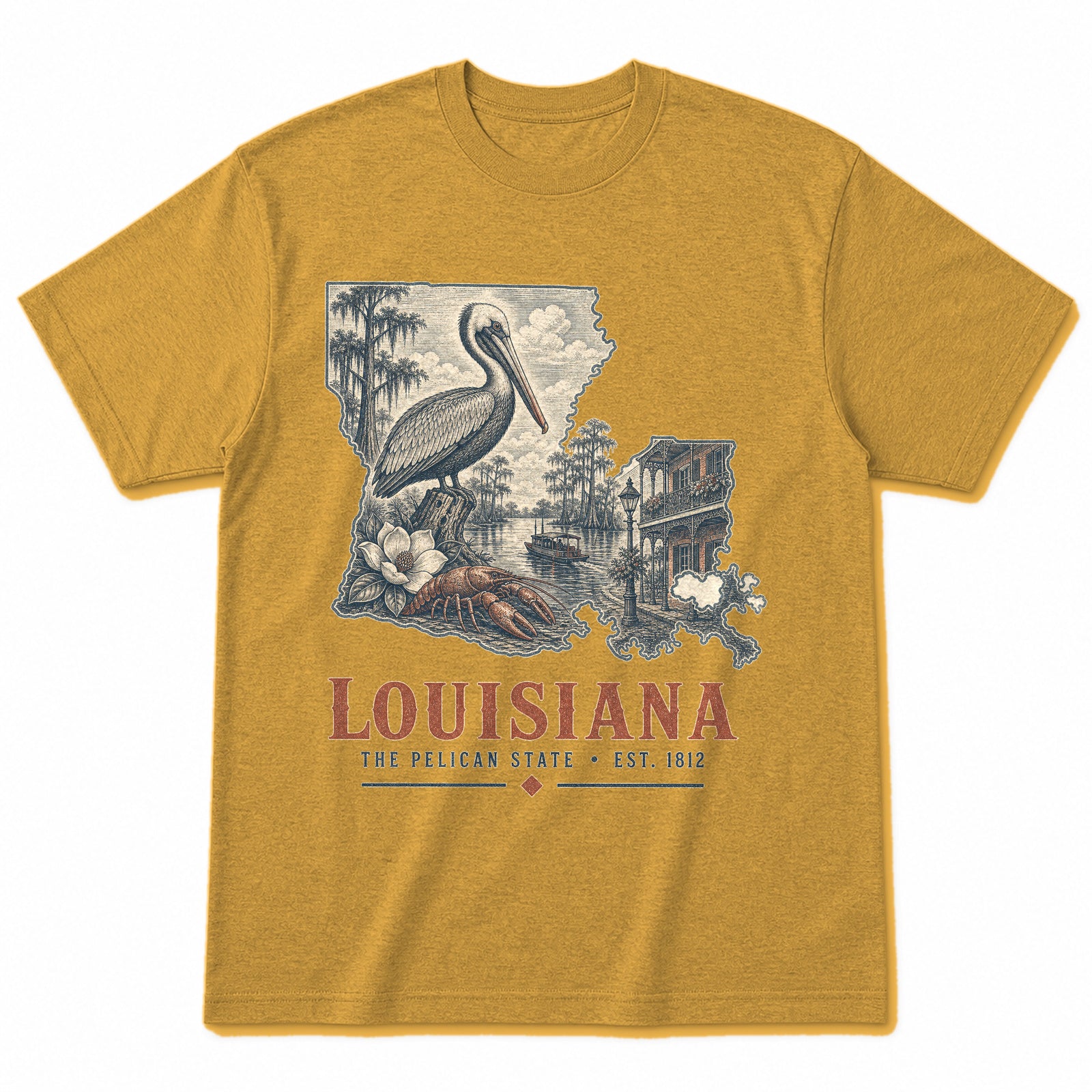 Vintage Louisiana State Graphic T-Shirt in Vintage Mustard Yellow, front view on a white background