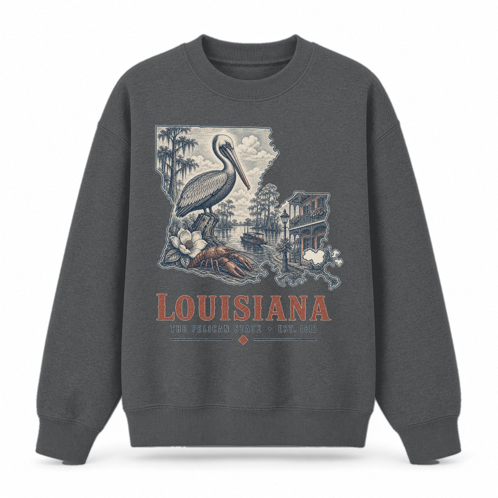 Vintage Louisiana State Graphic Crewneck Sweatshirt in Dark Gray, front view on a white background