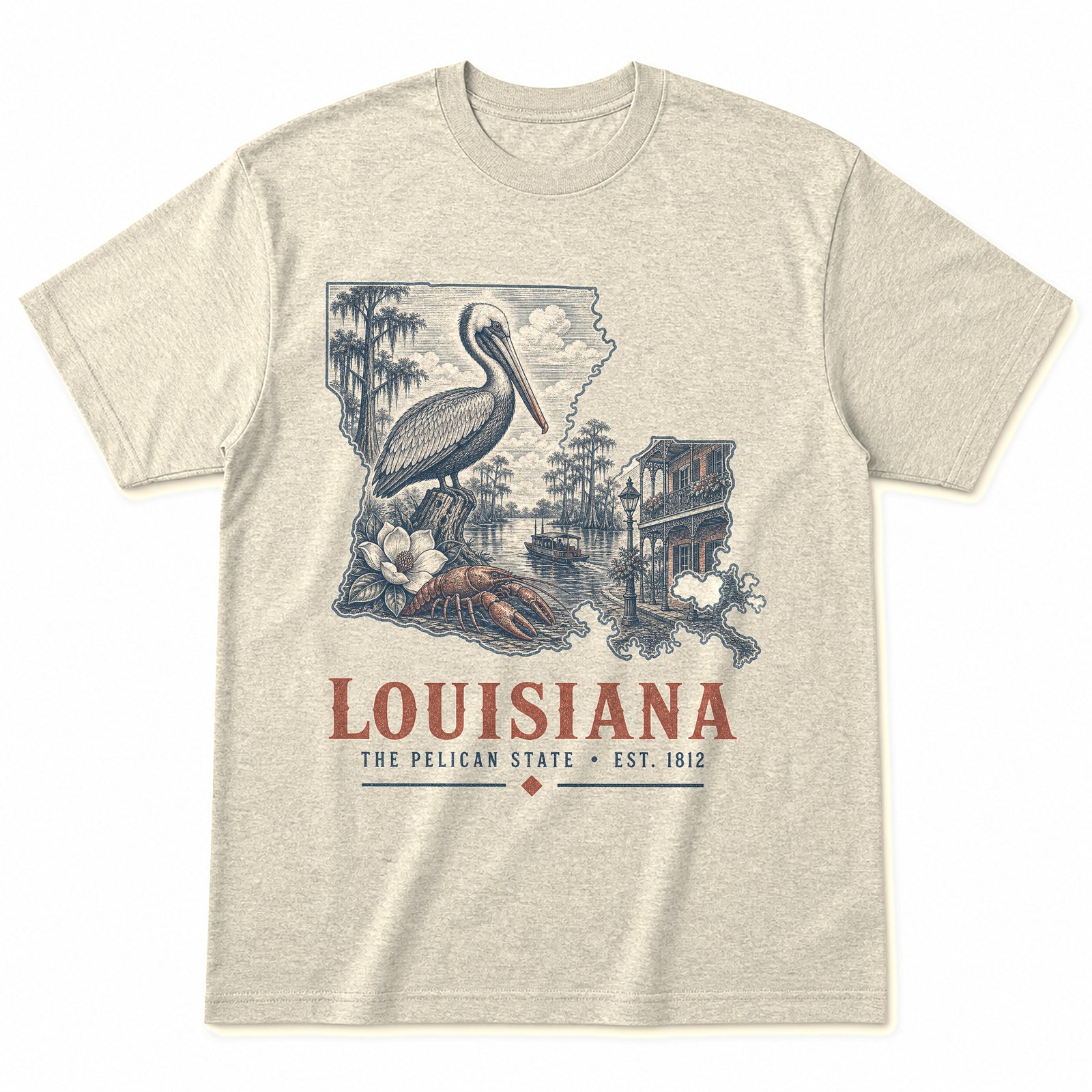 Vintage Louisiana State Graphic T-Shirt in Natural Cream, front view on a white background