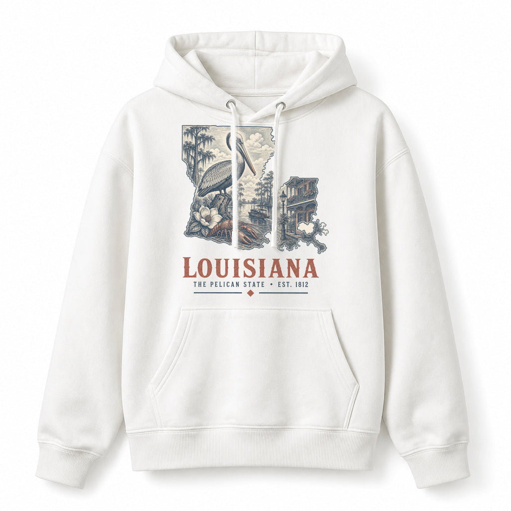 Vintage Louisiana State Graphic Pullover Hoodie in White, front view on a white background