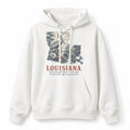 Vintage Louisiana State Graphic Pullover Hoodie in White, front view on a white background