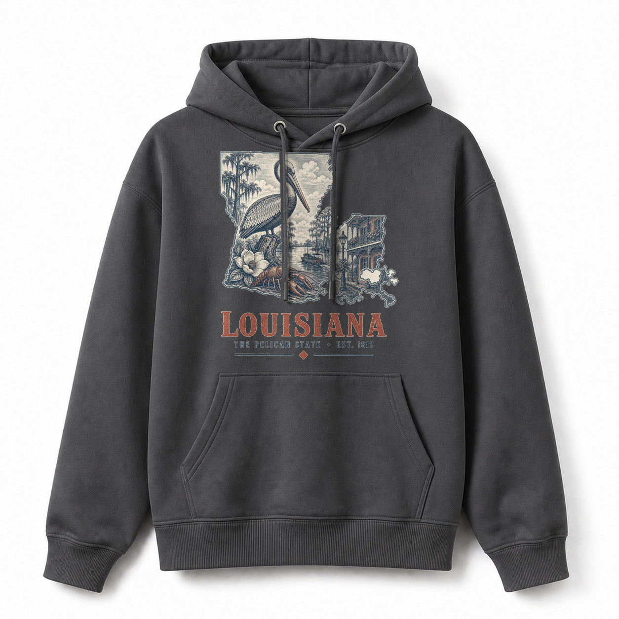 Vintage Louisiana State Graphic Pullover Hoodie in Dark Gray, front view on a white background