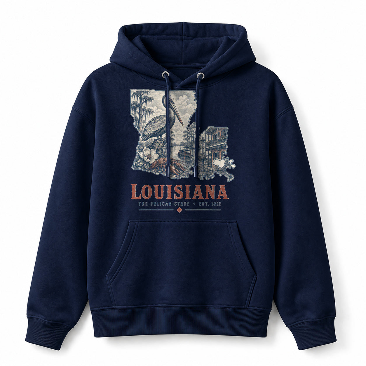 Vintage Louisiana State Graphic Pullover Hoodie in Navy, front view on a white background