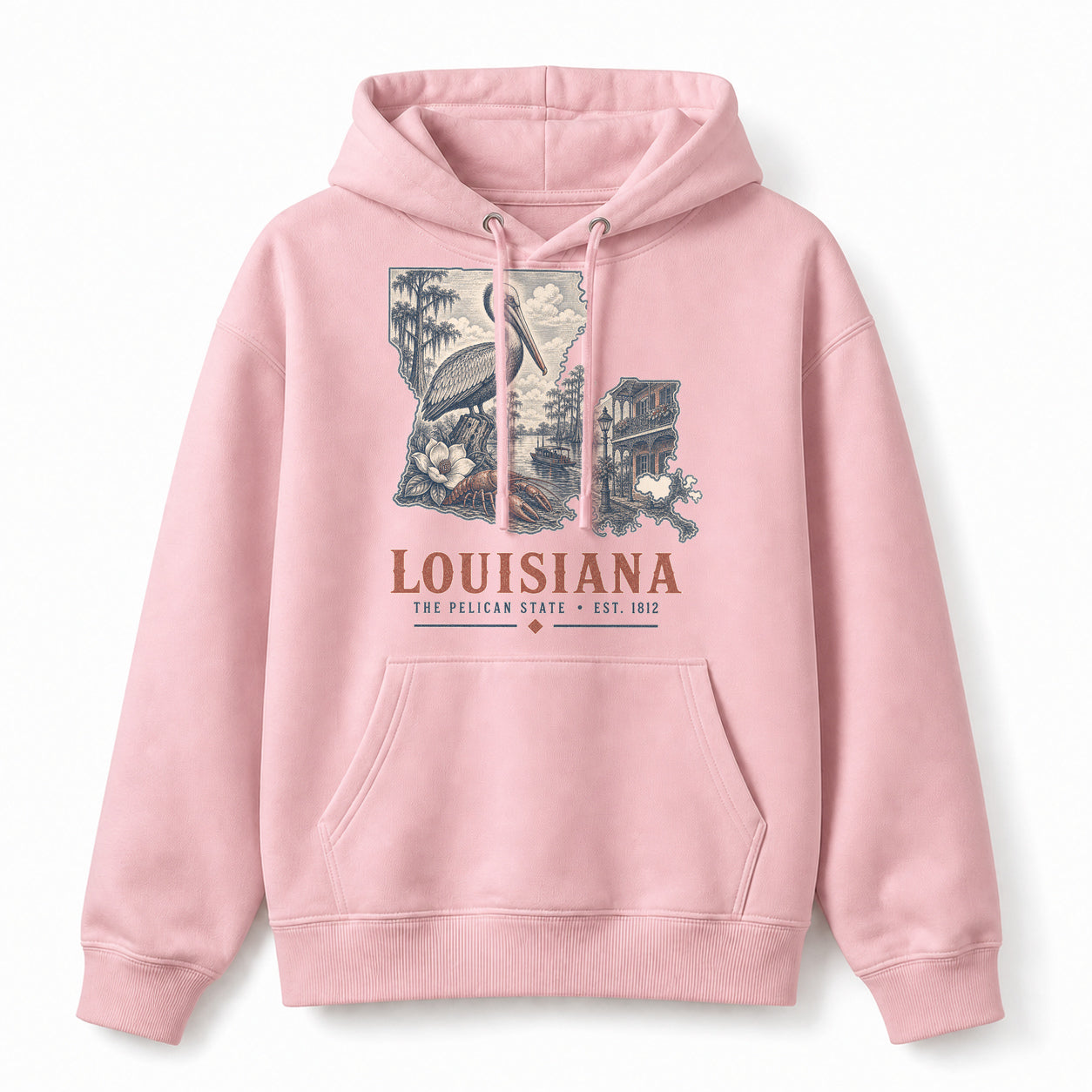 Vintage Louisiana State Graphic Pullover Hoodie in Light Pink, front view on a white background