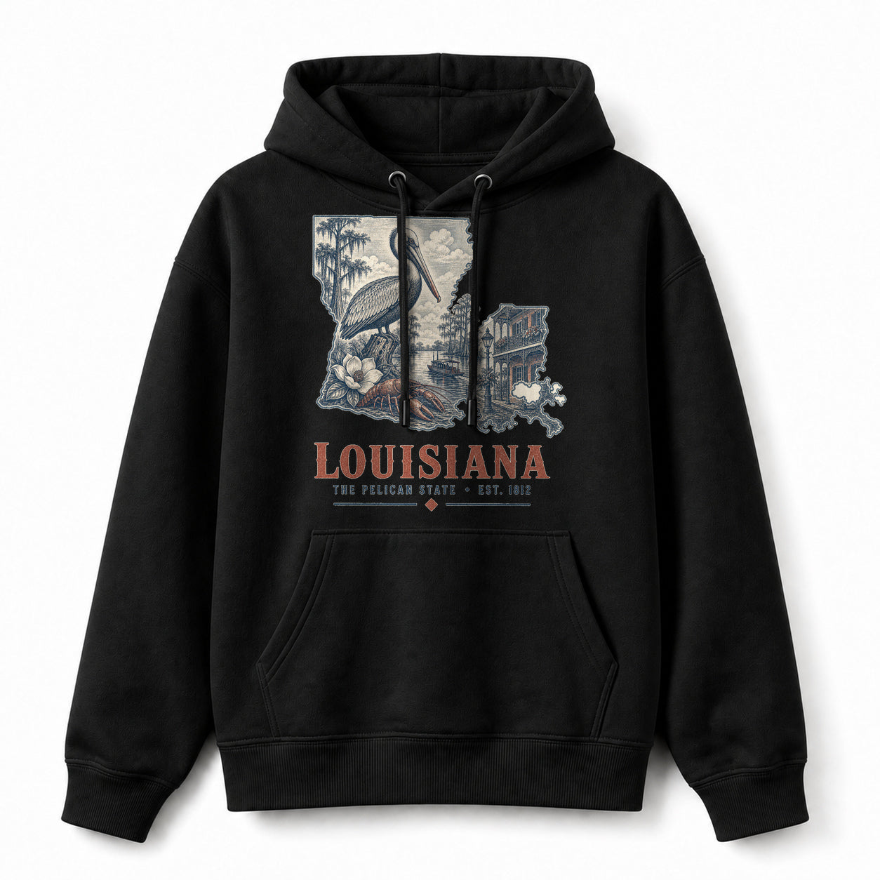 Vintage Louisiana State Graphic Pullover Hoodie in Black, front view on a white background