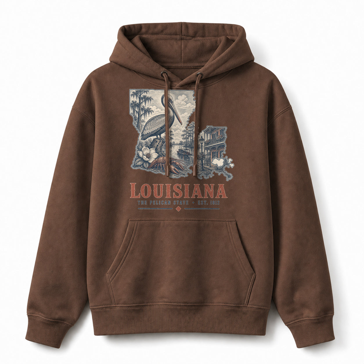 Vintage Louisiana State Graphic Pullover Hoodie in Coffee Brown, front view on a white background