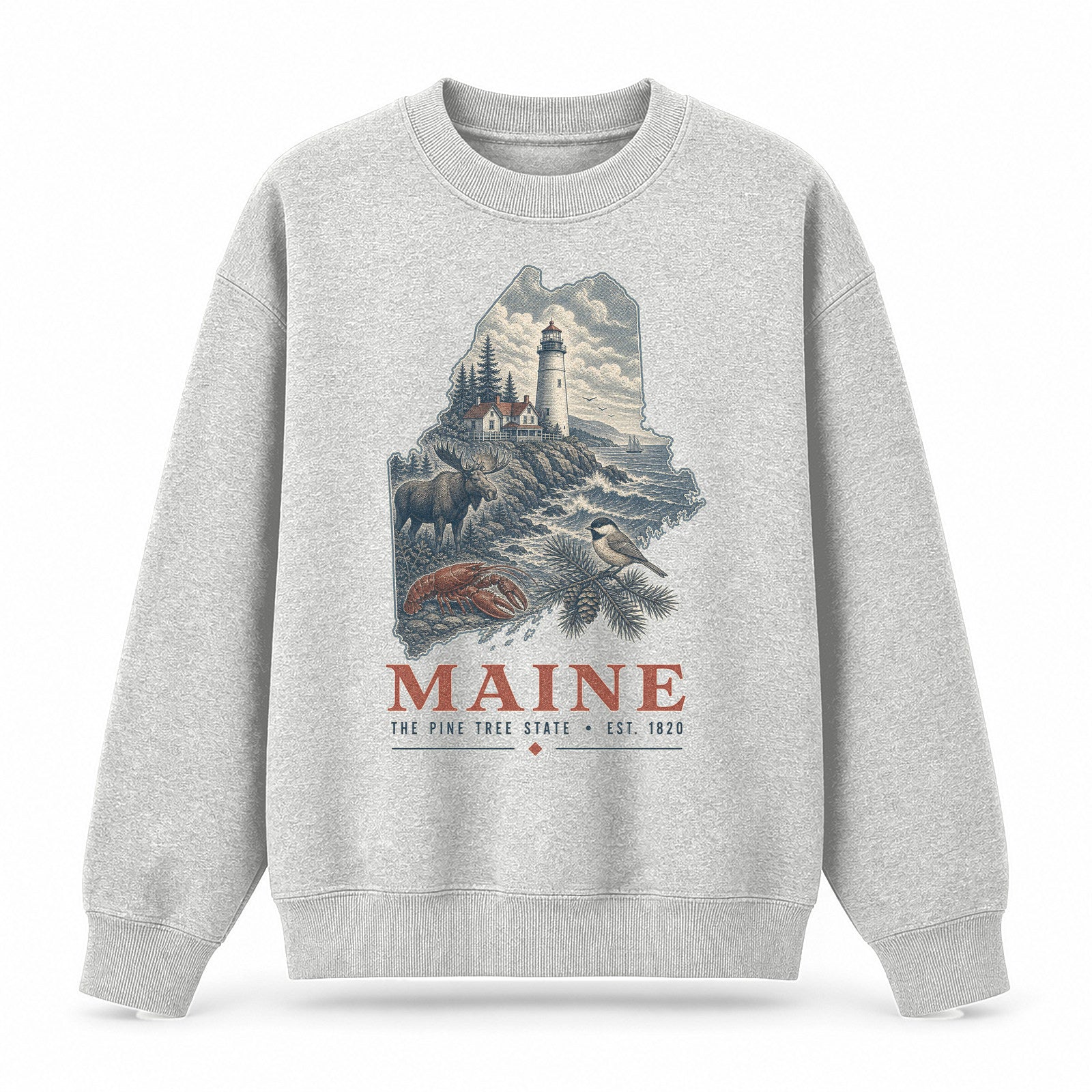 Vintage Maine State Graphic Crewneck Sweatshirt in Light Gray, front view on a white background