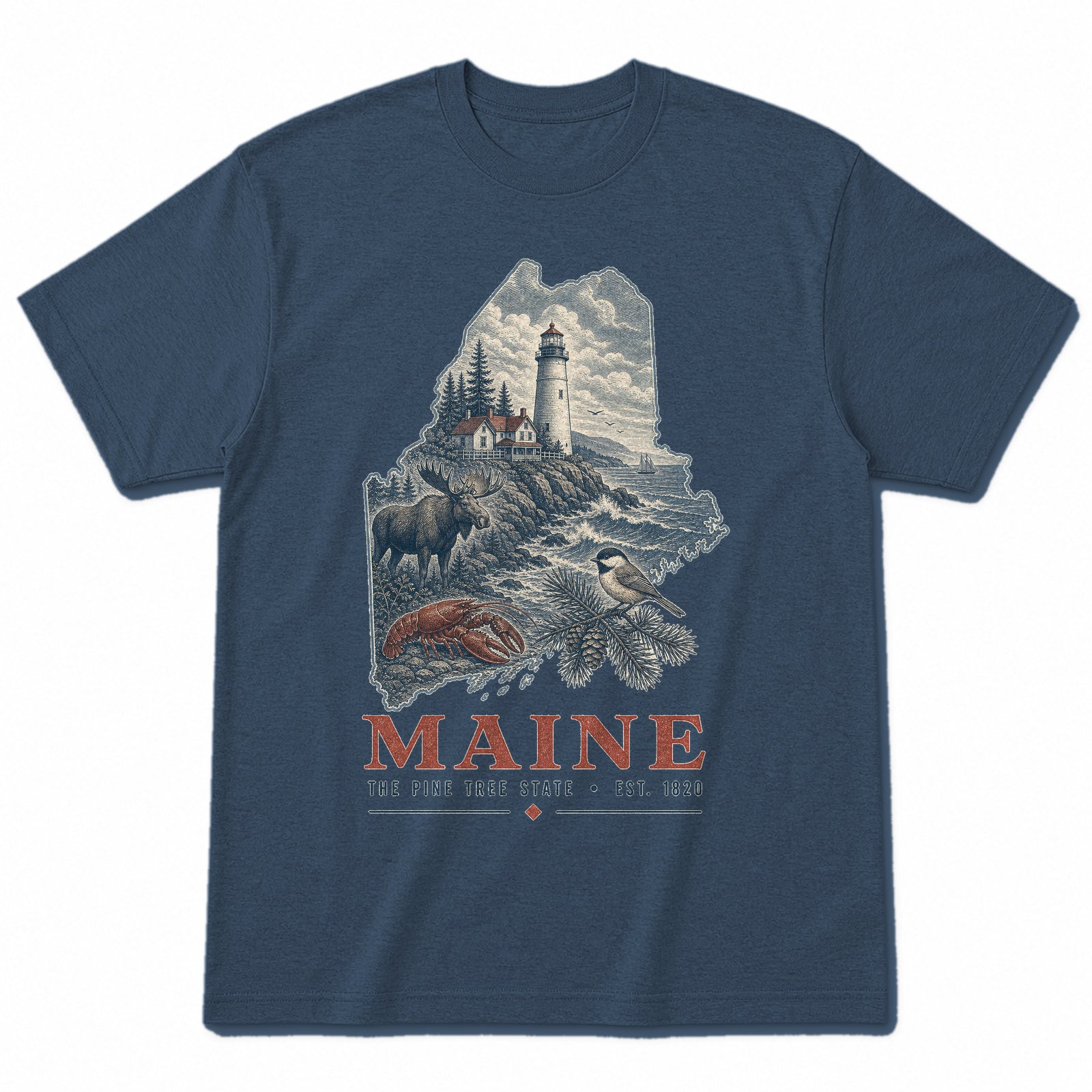Vintage Maine State Graphic T-Shirt in Washed Navy, front view on a white background