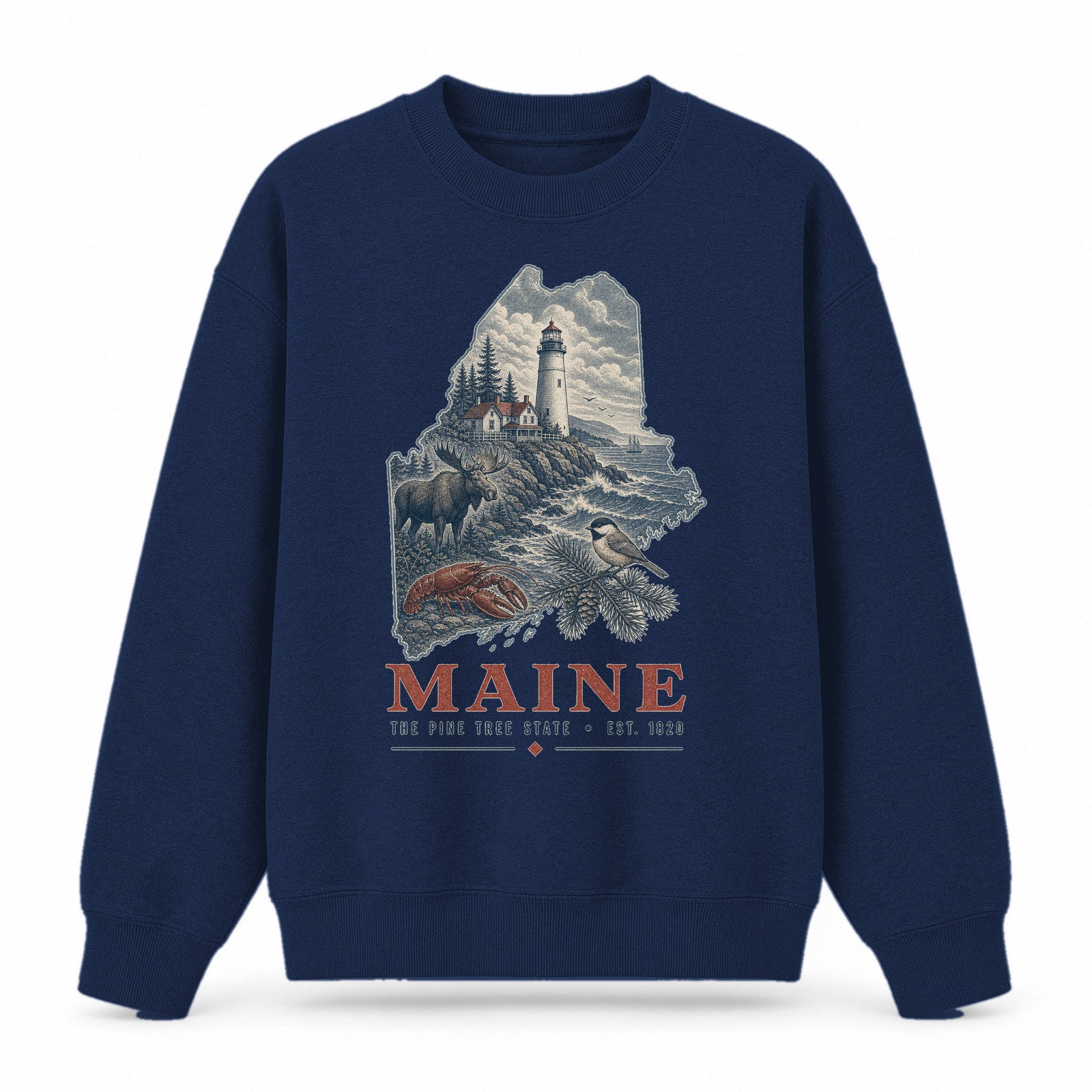 Vintage Maine State Graphic Crewneck Sweatshirt in Navy, front view on a white background