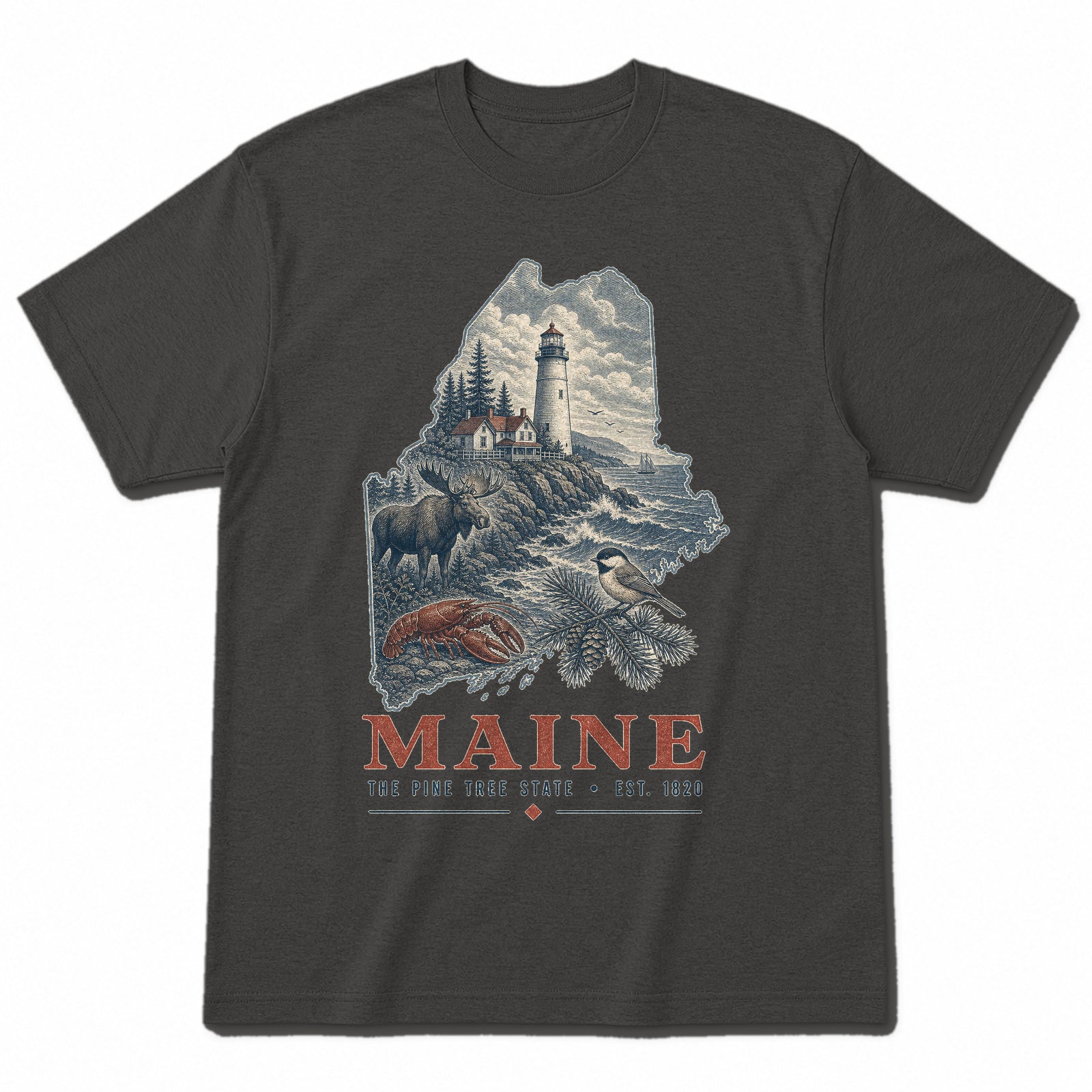 Vintage Maine State Graphic T-Shirt in Vintage Charcoal, front view on a white background
