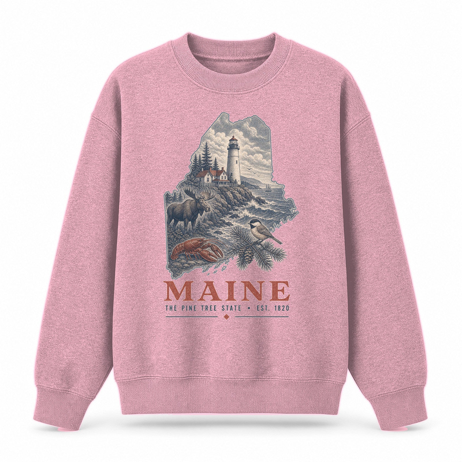 Vintage Maine State Graphic Crewneck Sweatshirt in Pink, front view on a white background