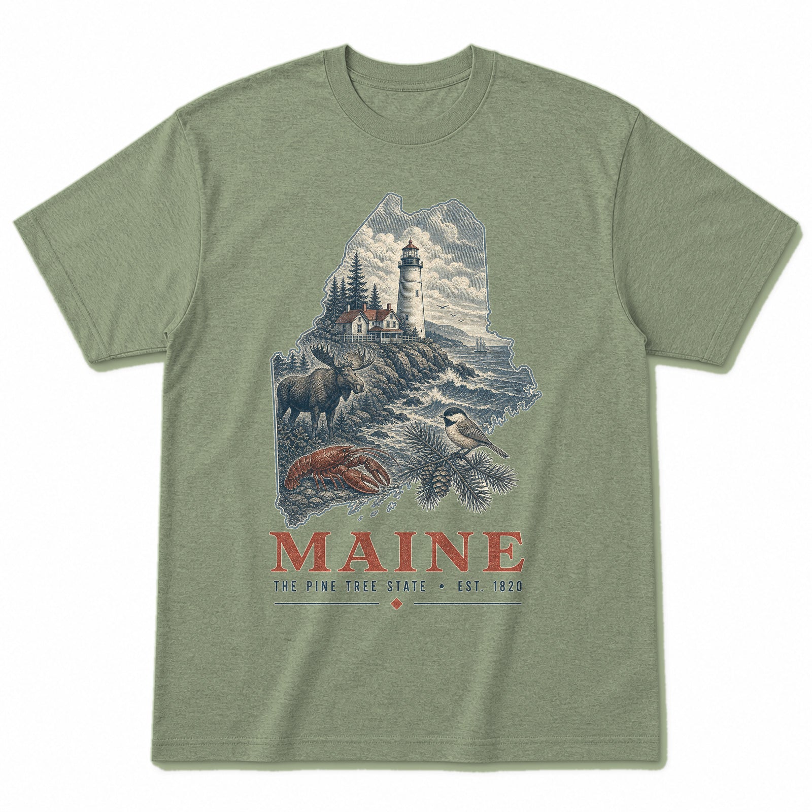 Vintage Maine State Graphic T-Shirt in Light Sage Green, front view on a white background