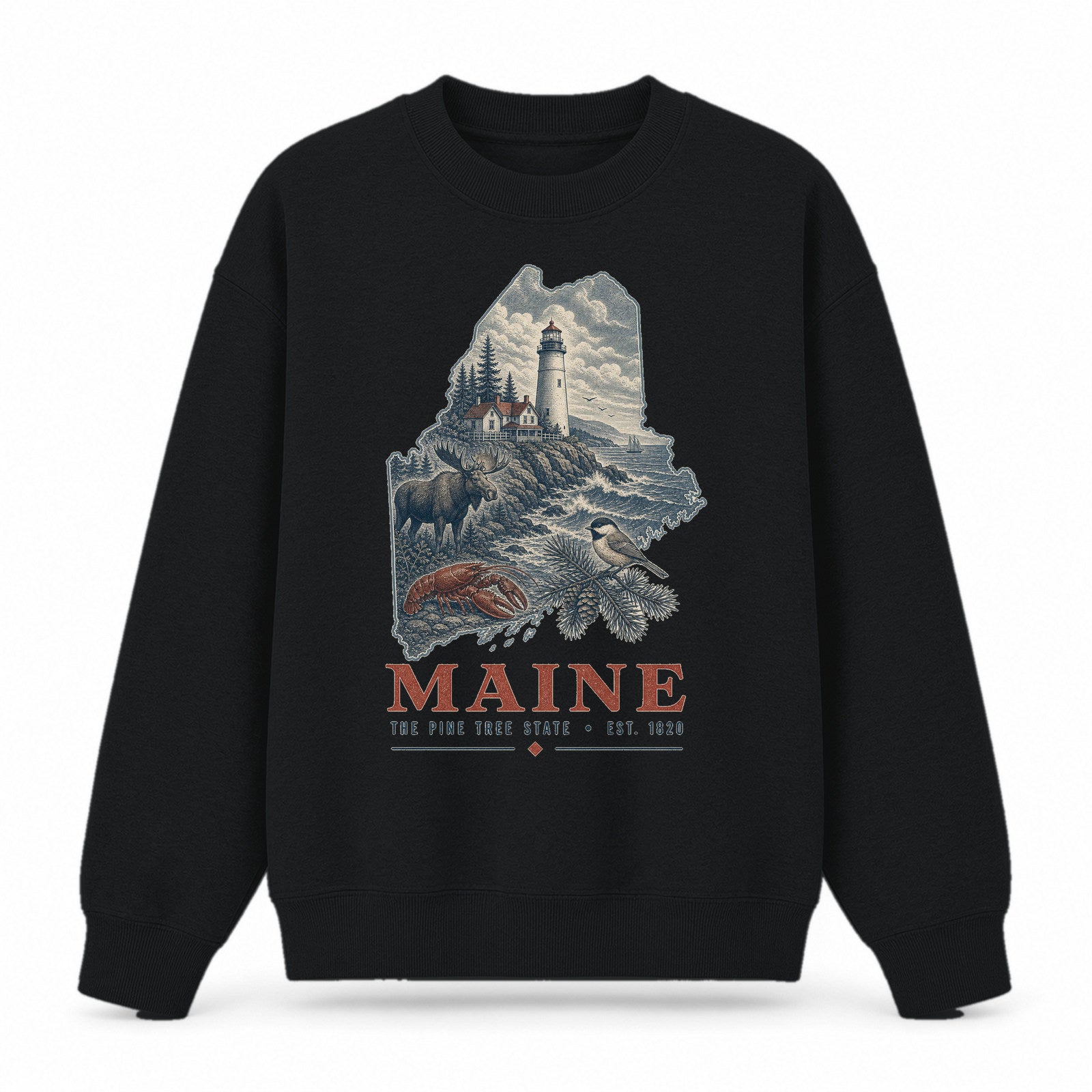 Vintage Maine State Graphic Crewneck Sweatshirt in Black, front view on a white background