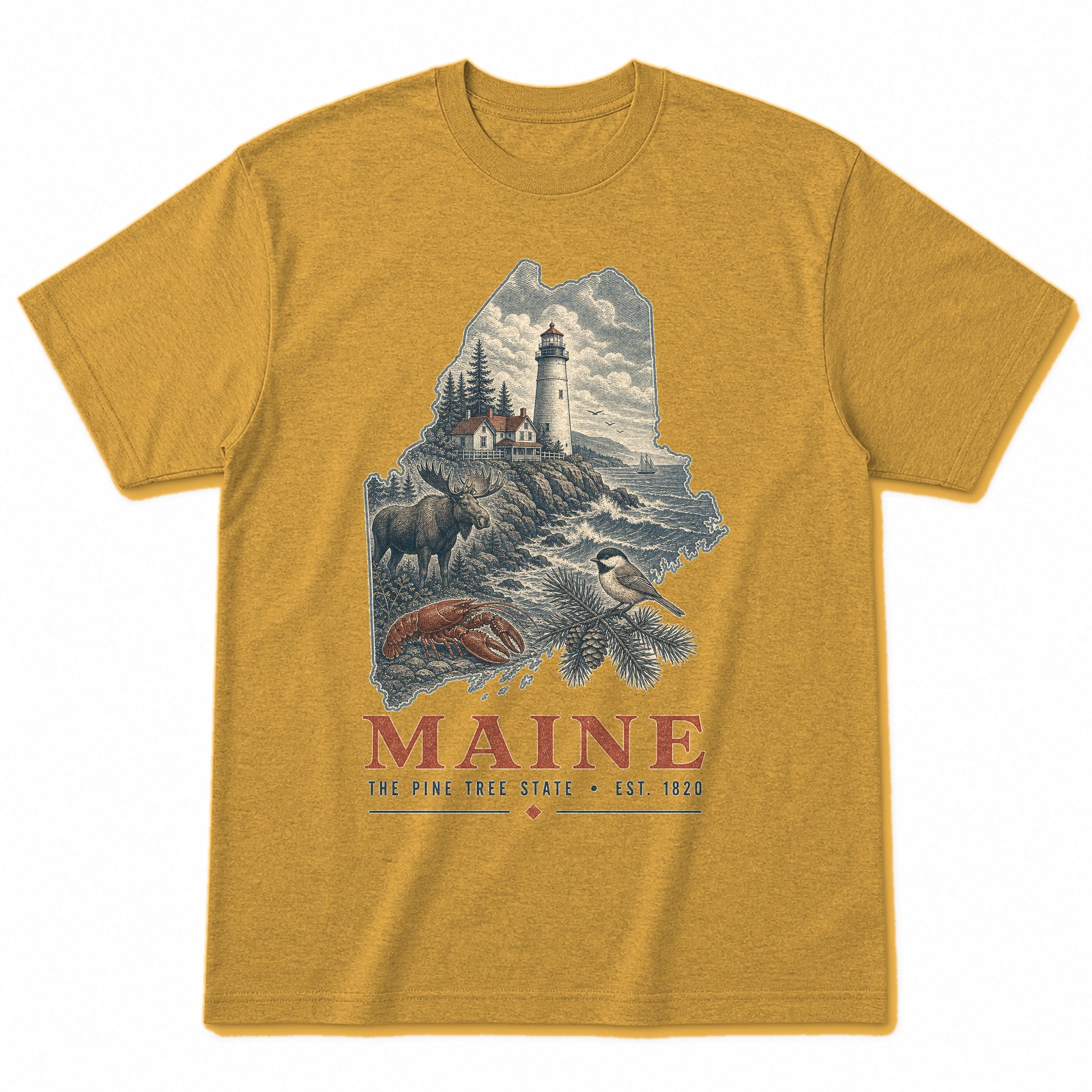 Vintage Maine State Graphic T-Shirt in Vintage Mustard Yellow, front view on a white background
