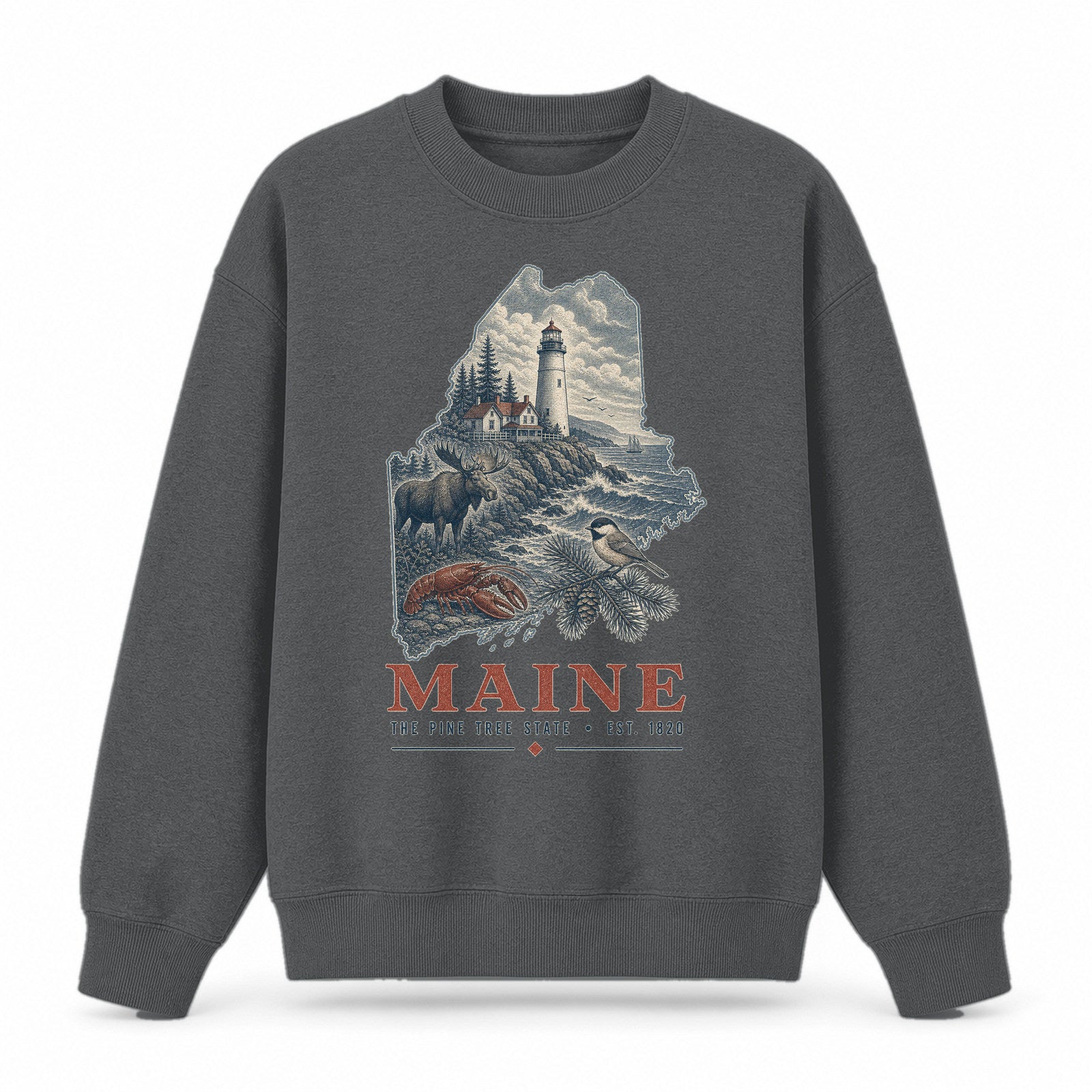 Vintage Maine State Graphic Crewneck Sweatshirt in Dark Gray, front view on a white background