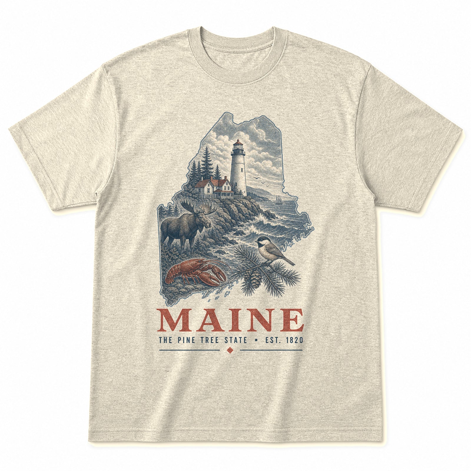 Vintage Maine State Graphic T-Shirt in Natural Cream, front view on a white background
