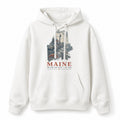 Vintage Maine State Graphic Pullover Hoodie in White, front view on a white background