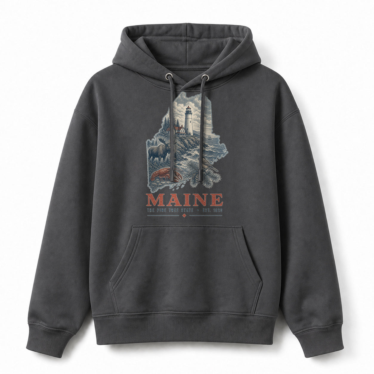 Vintage Maine State Graphic Pullover Hoodie in Dark Gray, front view on a white background