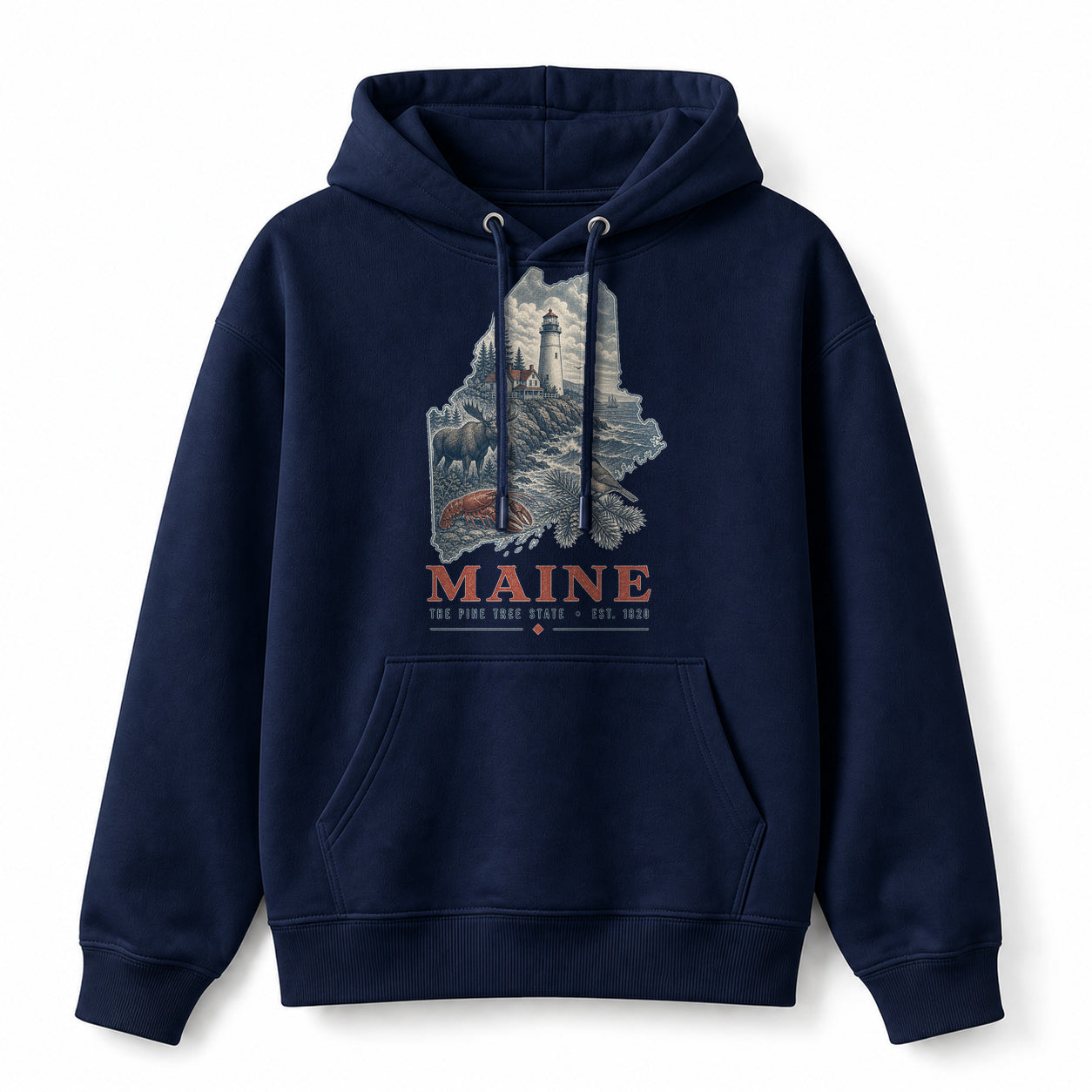 Vintage Maine State Graphic Pullover Hoodie in Navy, front view on a white background