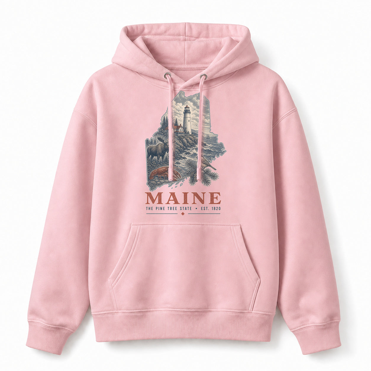 Vintage Maine State Graphic Pullover Hoodie in Light Pink, front view on a white background