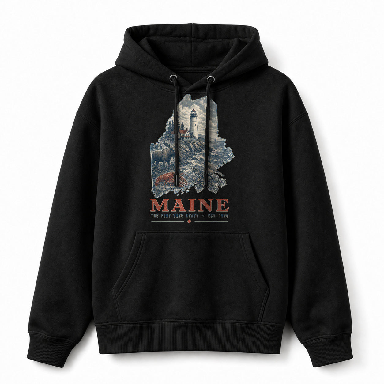 Vintage Maine State Graphic Pullover Hoodie in Black, front view on a white background