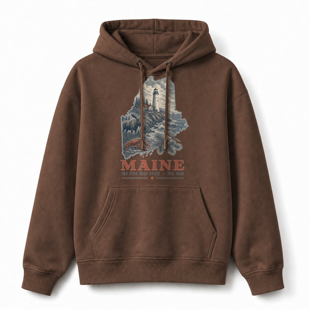 Vintage Maine State Graphic Pullover Hoodie in Coffee Brown, front view on a white background