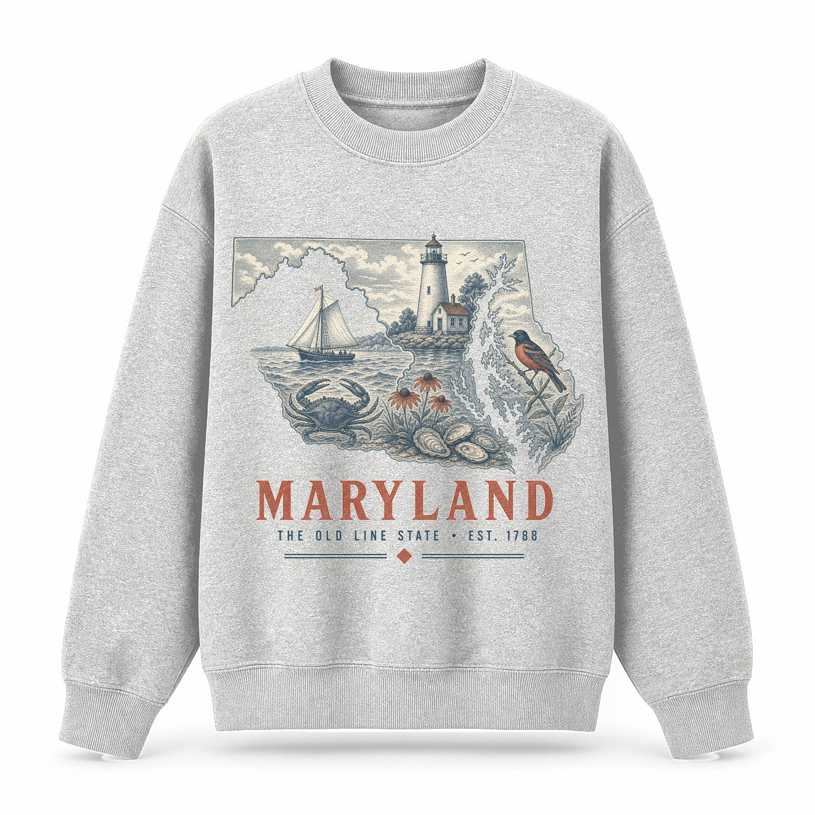 Vintage Maryland State Graphic Crewneck Sweatshirt in Light Gray, front view on a white background