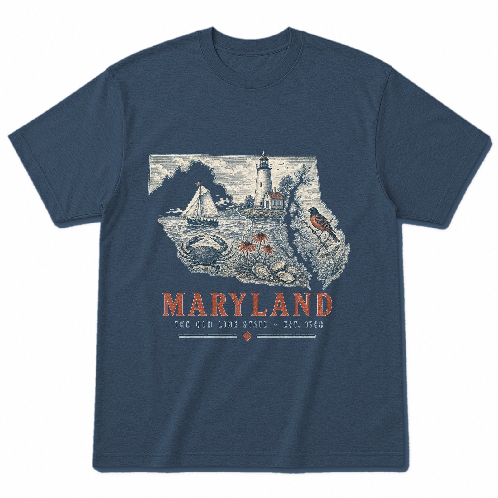 Vintage Maryland State Graphic T-Shirt in Washed Navy, front view on a white background
