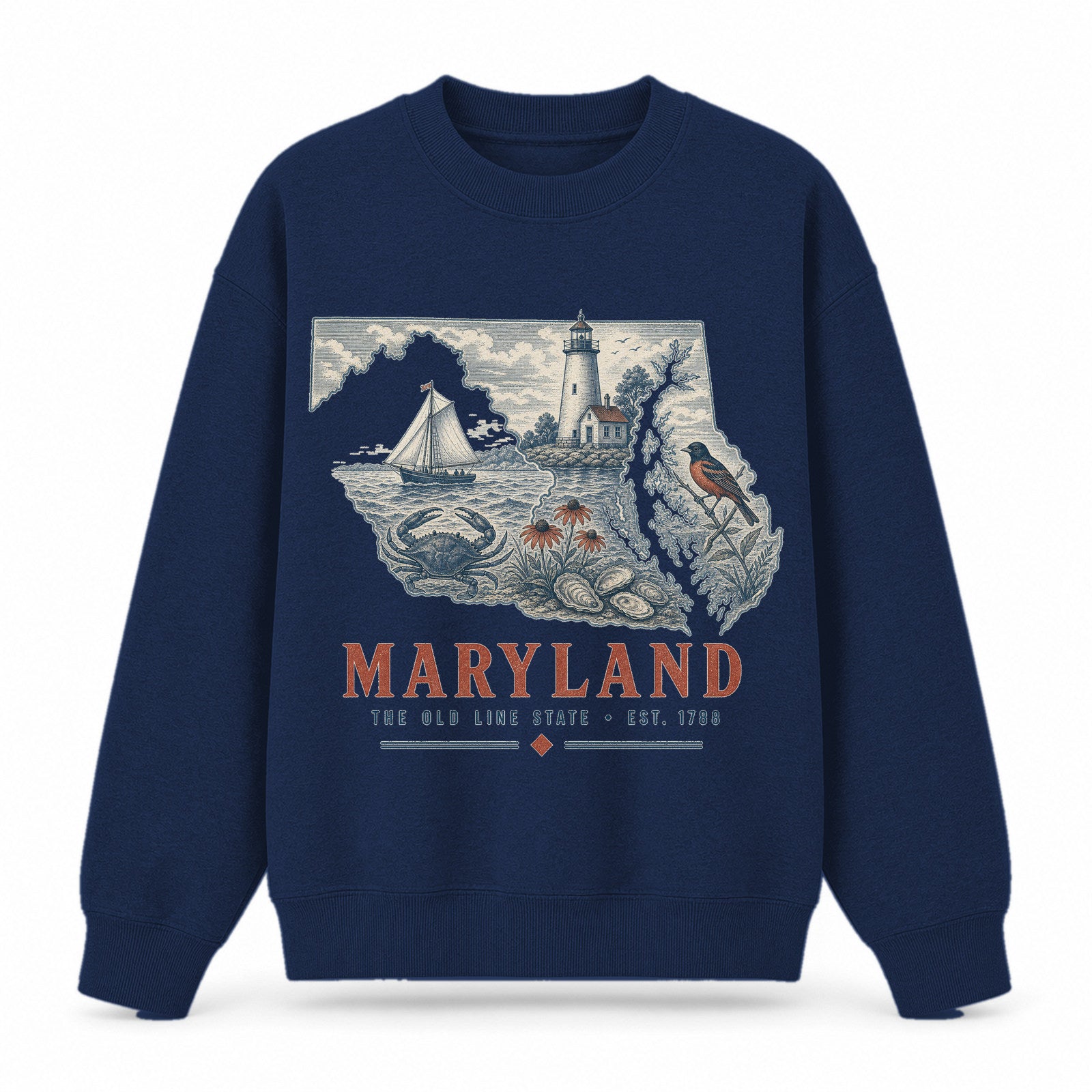 Vintage Maryland State Graphic Crewneck Sweatshirt in Navy, front view on a white background