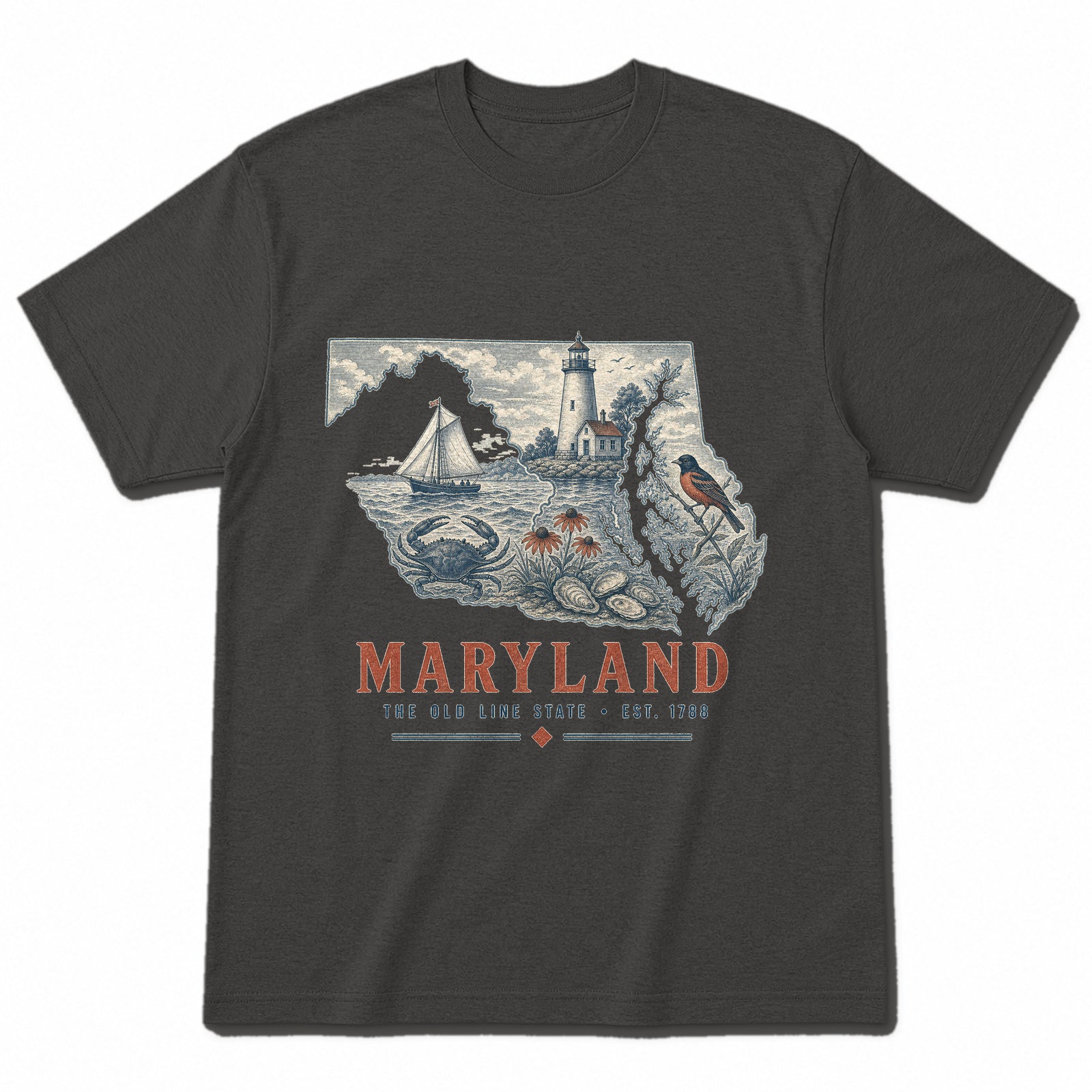 Vintage Maryland State Graphic T-Shirt in Vintage Charcoal, front view on a white background