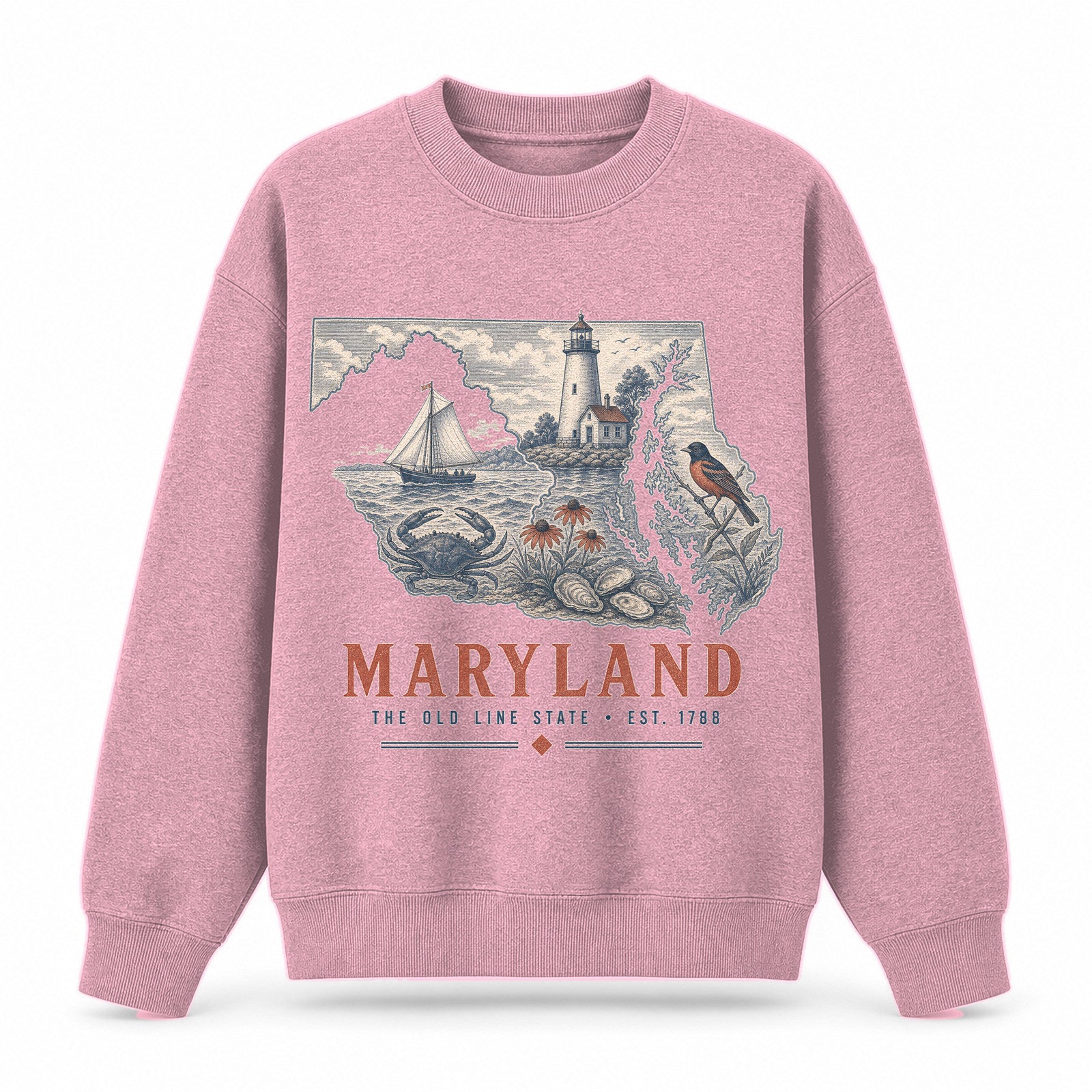 Vintage Maryland State Graphic Crewneck Sweatshirt in Pink, front view on a white background