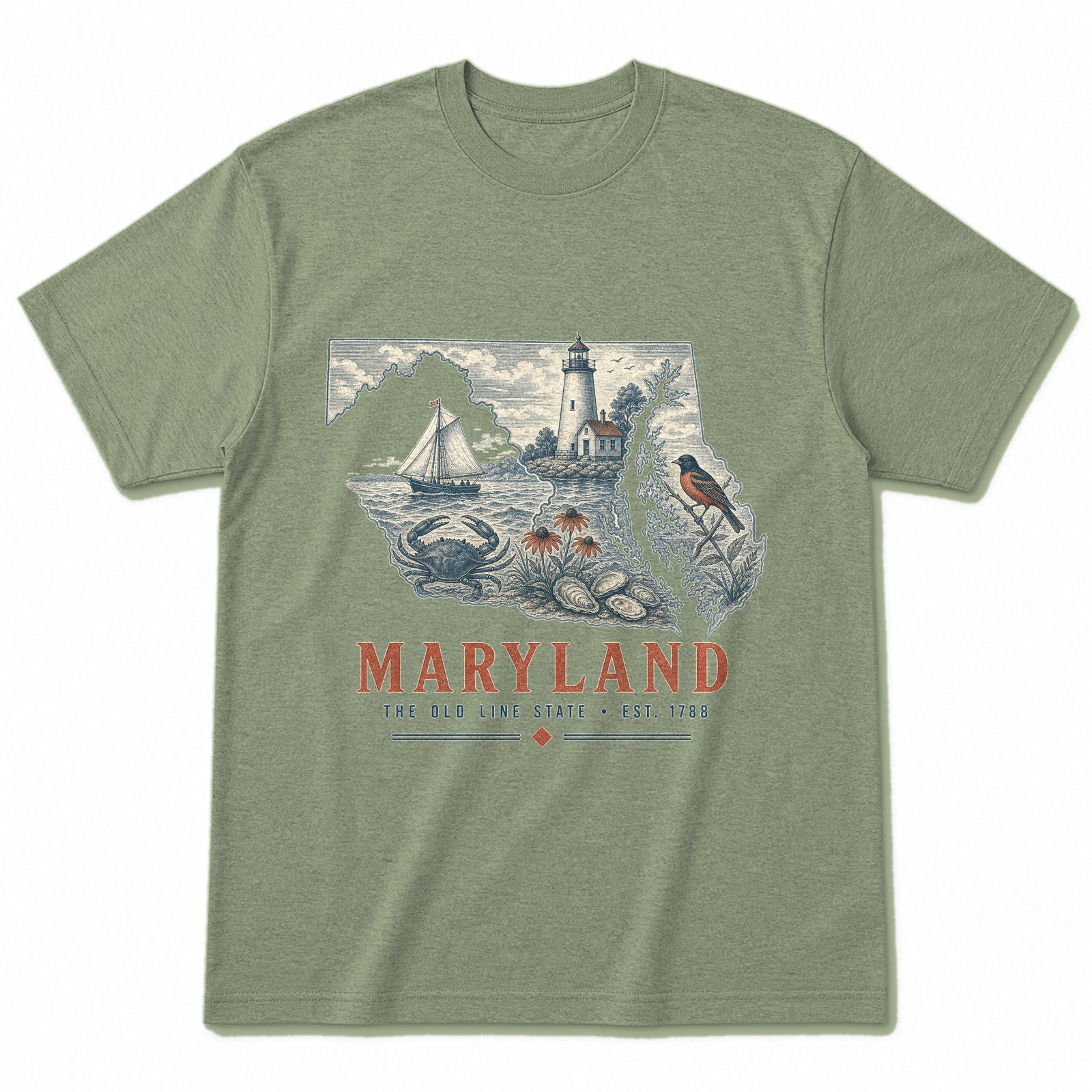 Vintage Maryland State Graphic T-Shirt in Light Sage Green, front view on a white background