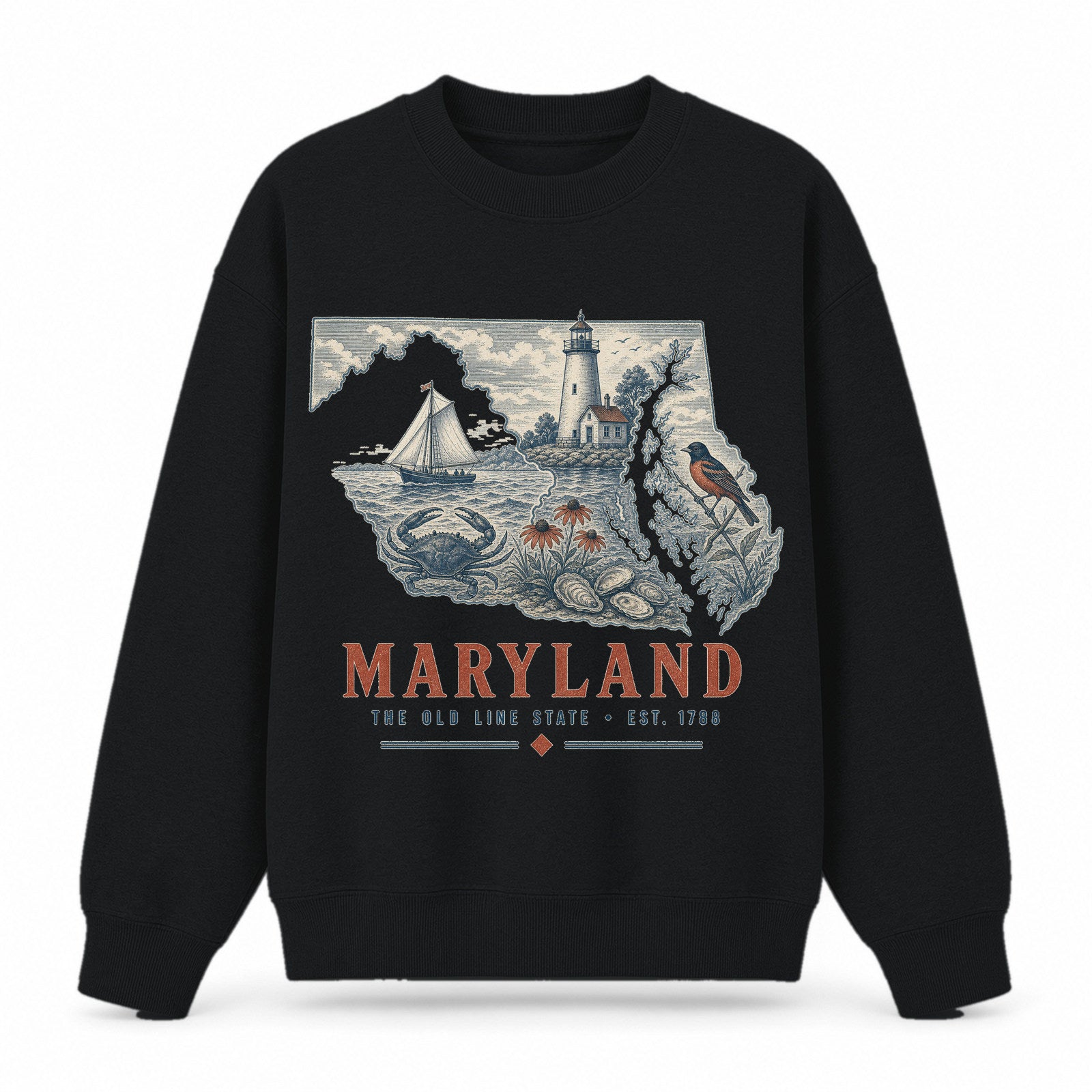 Vintage Maryland State Graphic Crewneck Sweatshirt in Black, front view on a white background