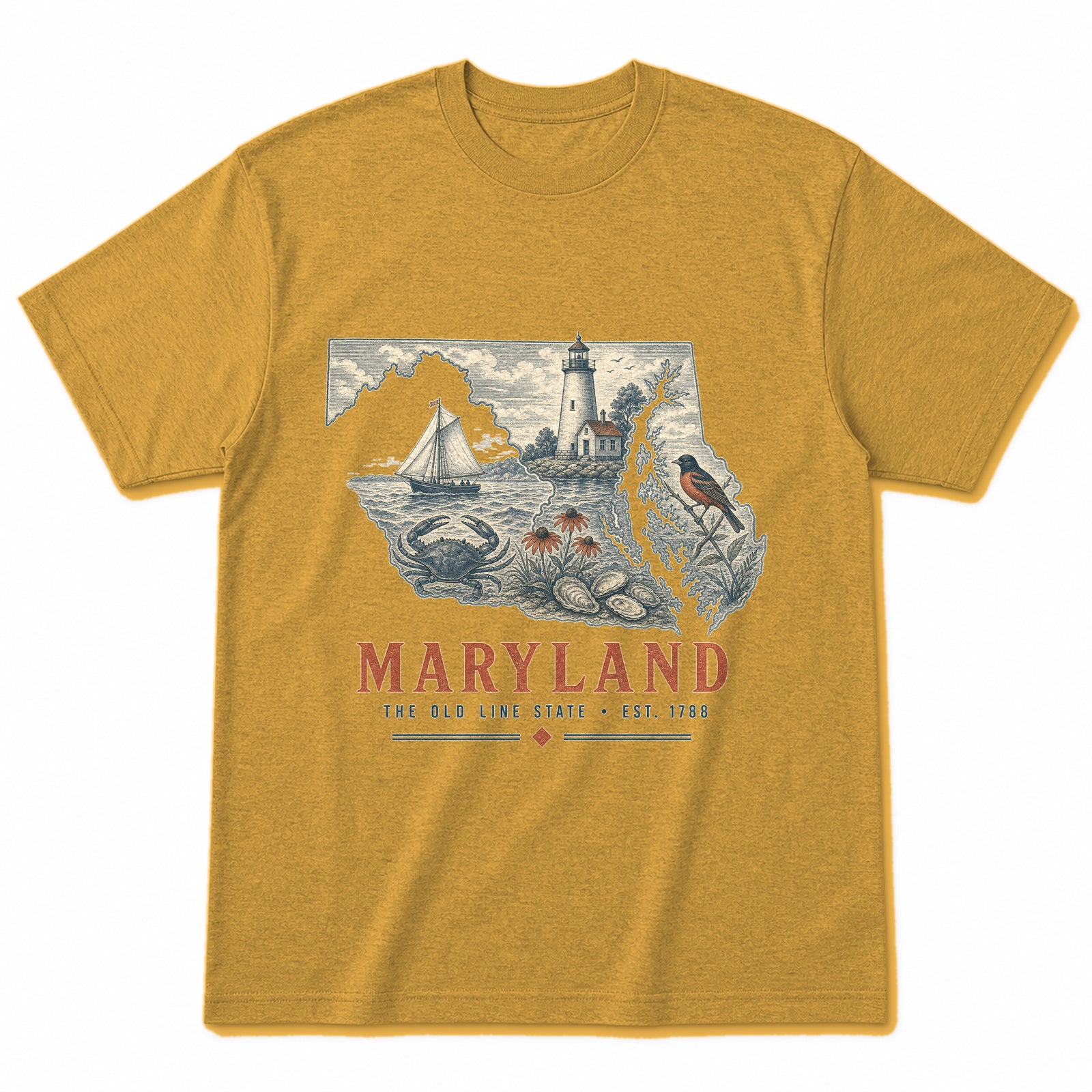 Vintage Maryland State Graphic T-Shirt in Vintage Mustard Yellow, front view on a white background
