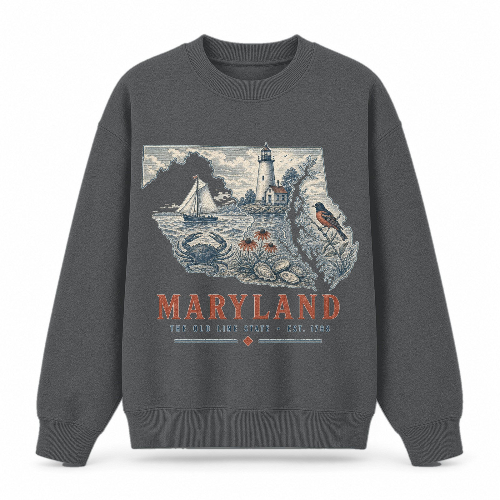 Vintage Maryland State Graphic Crewneck Sweatshirt in Dark Gray, front view on a white background
