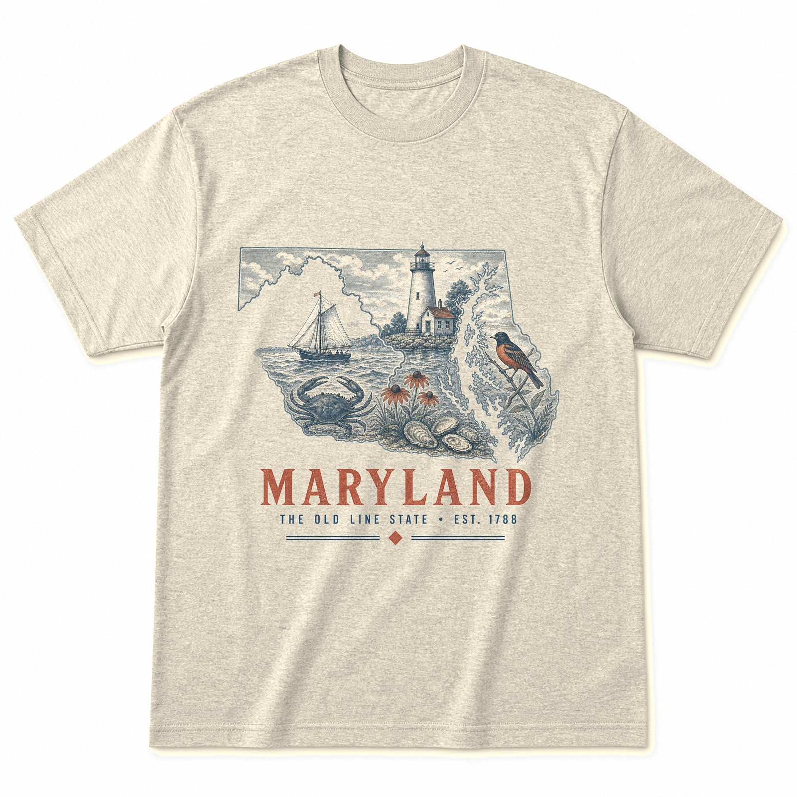 Vintage Maryland State Graphic T-Shirt in Natural Cream, front view on a white background