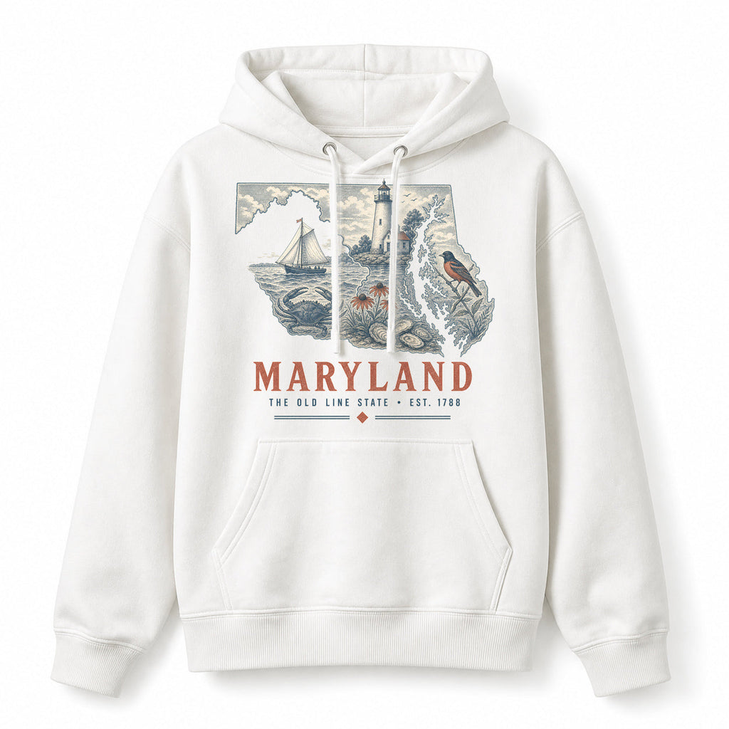 Vintage Maryland State Graphic Pullover Hoodie in White, front view on a white background