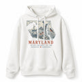 Vintage Maryland State Graphic Pullover Hoodie in White, front view on a white background