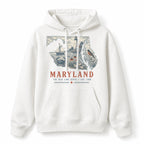Vintage Maryland State Graphic Pullover Hoodie in White, front view on a white background