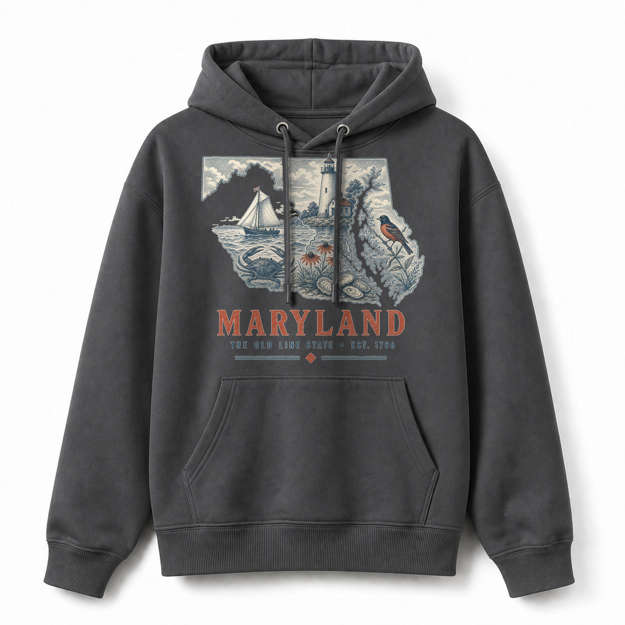 Vintage Maryland State Graphic Pullover Hoodie in Dark Gray, front view on a white background