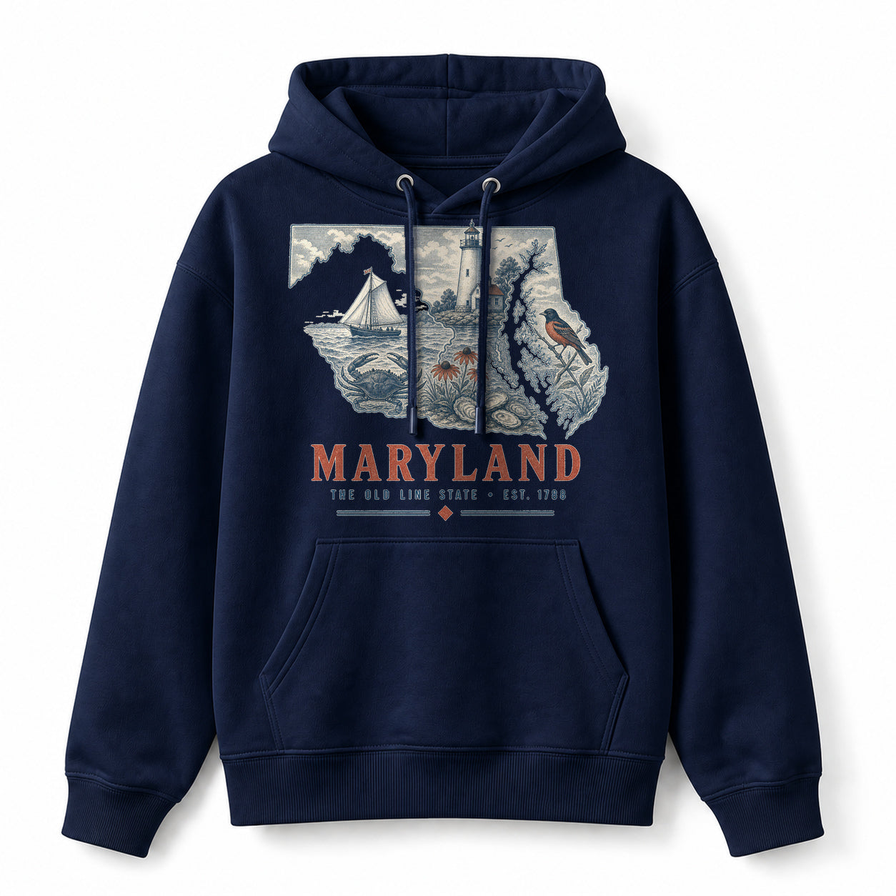 Vintage Maryland State Graphic Pullover Hoodie in Navy, front view on a white background