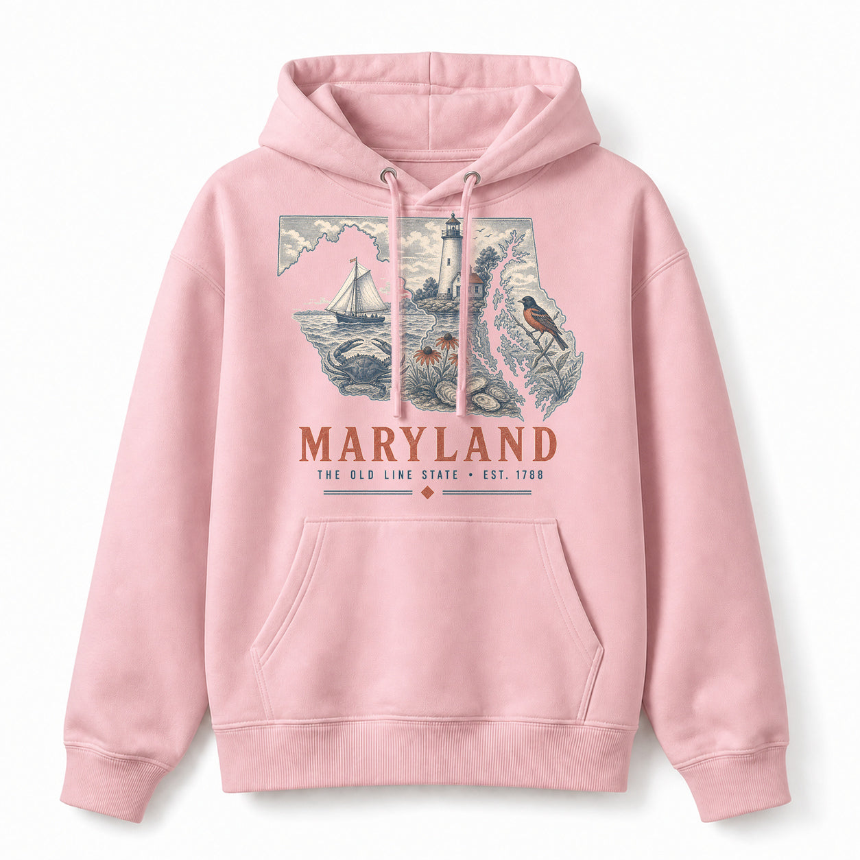 Vintage Maryland State Graphic Pullover Hoodie in Light Pink, front view on a white background