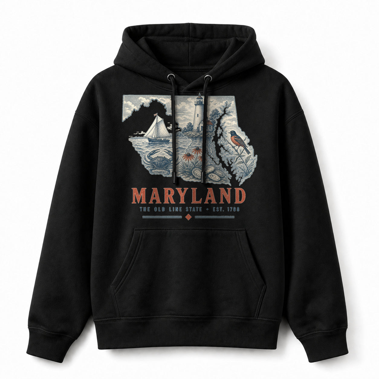 Vintage Maryland State Graphic Pullover Hoodie in Black, front view on a white background